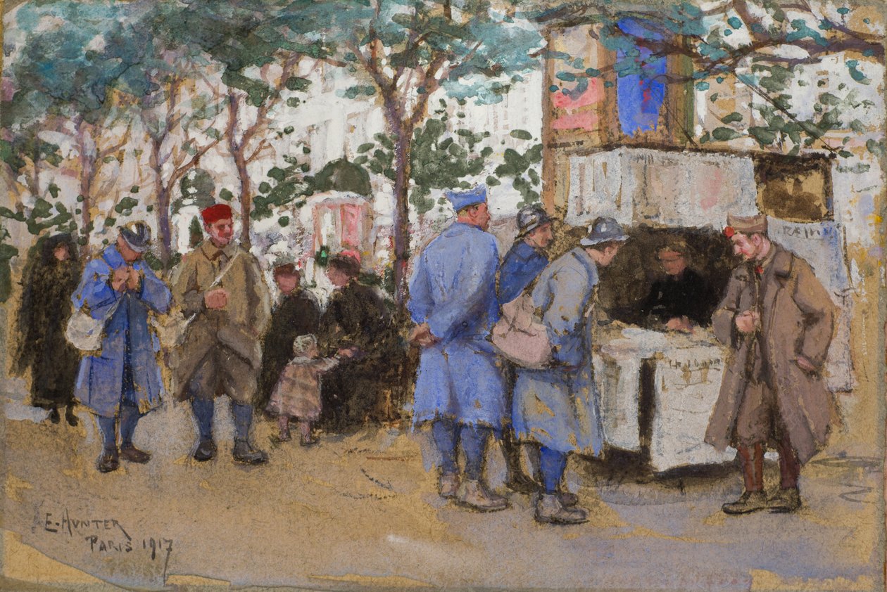 Soldats à un kiosque à journaux, Paris, 1917 - Ethel Hunter