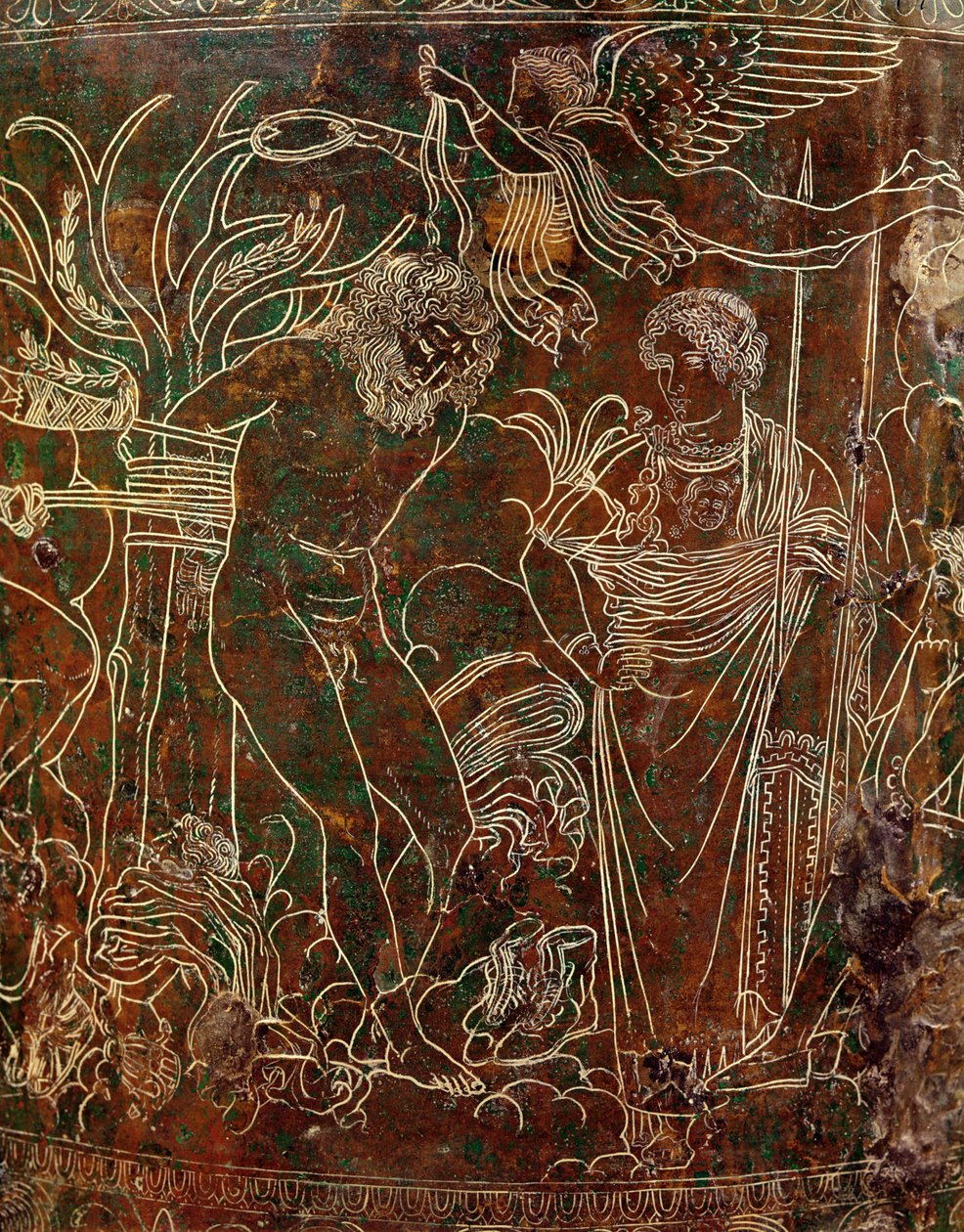 Amycus attaché à un arbre par Pollux, détail de la Ciste Ficoroni, de Palestrina, vers 320 av. J.-C. - Etruscan