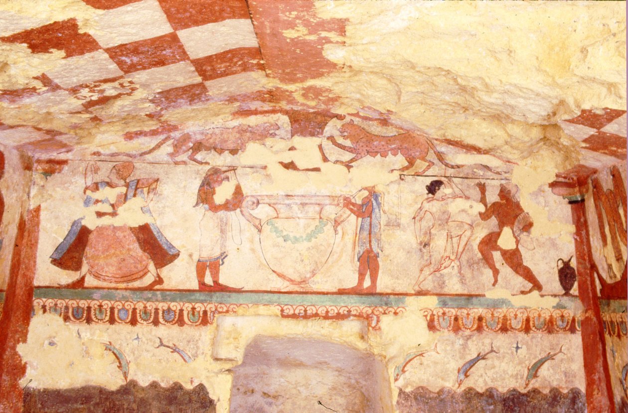 Mur représentant des musiciens, danseurs et dauphins, de la tombe des Lionnes dans la nécropole, vers 520 av. J.-C. - Etruscan