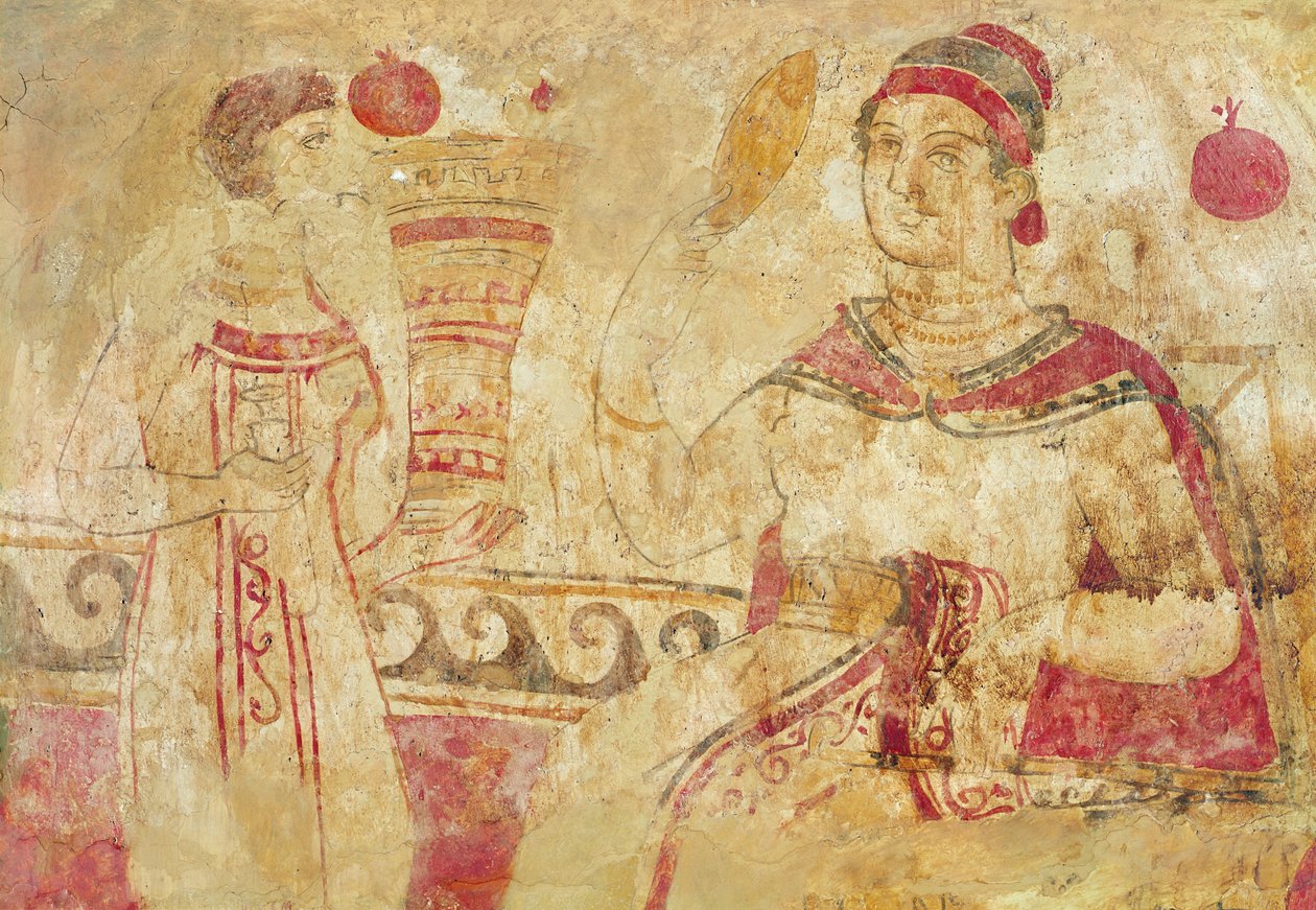 Femme à sa toilette, scène funéraire, période samnite, Ve-IVe siècle av. J.-C. (peinture murale) - Etruscan