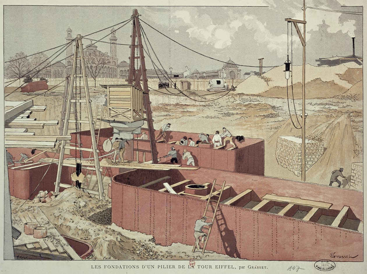 Pose des fondations de la Tour Eiffel, 1887 - Eugene Grasset