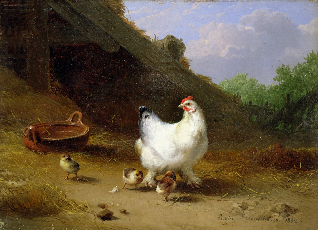 Une poule avec ses poussins - Eugene Joseph Verboeckhoven