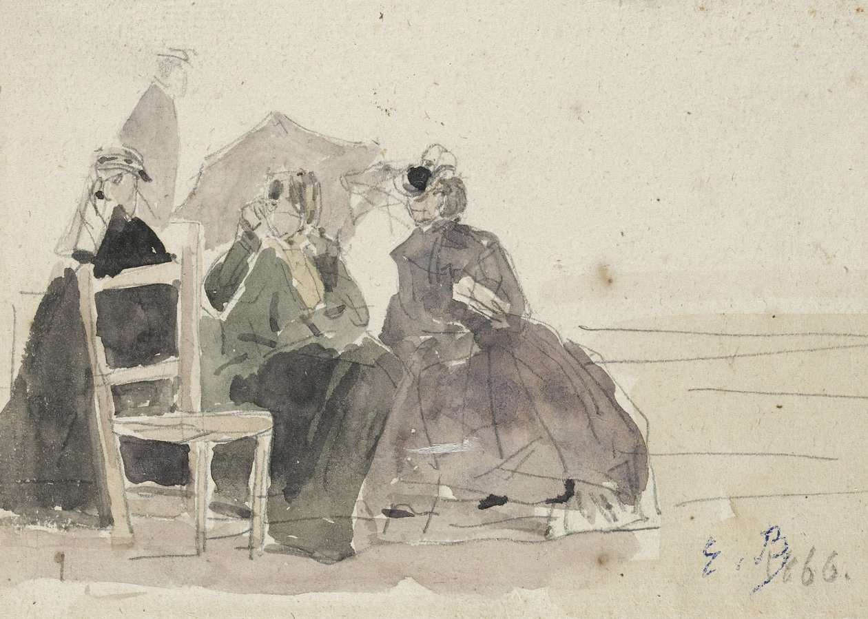 Trois femmes assises sur des chaises sur une plage - Eugene Louis Boudin