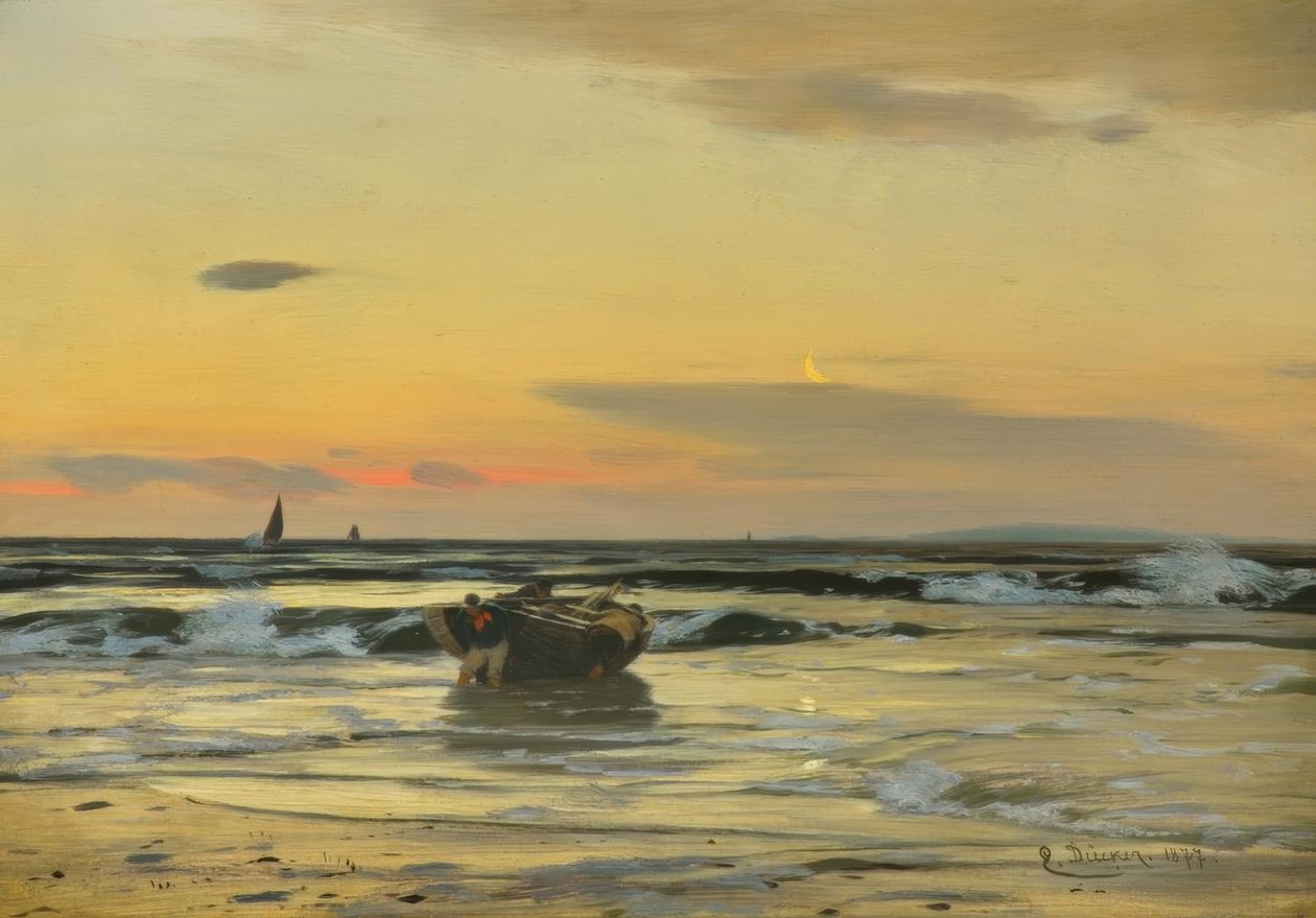 E. Dücker, Sur la plage (bateau de pêche en partance) - Eugene Gustav Dücker