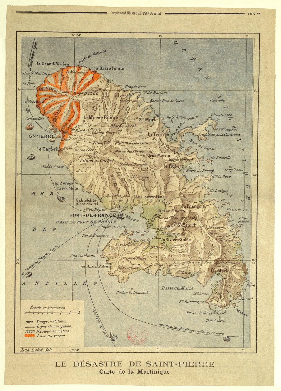 Le désastre de Saint-Pierre. Carte de la Martinique - Eugène Letot