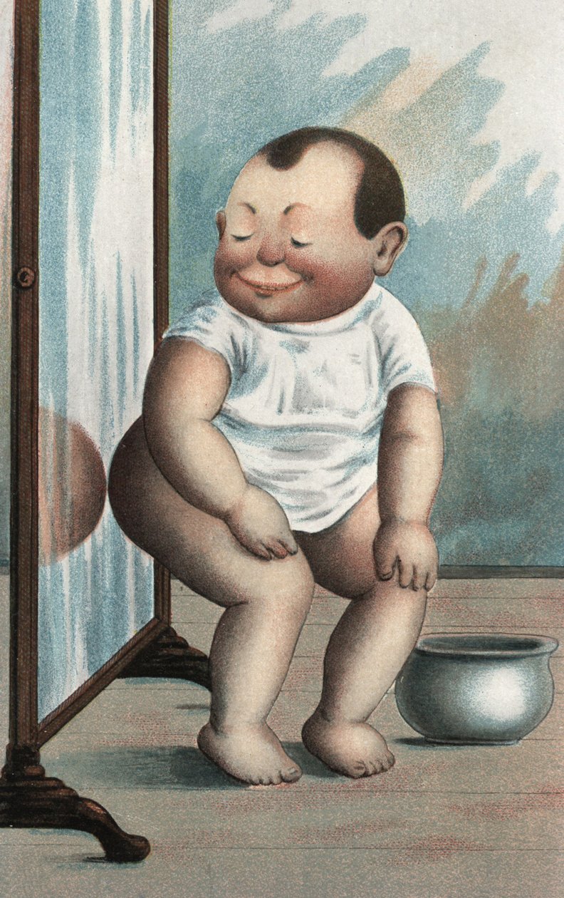 Bébé avec un miroir (lithographie couleur) - European School