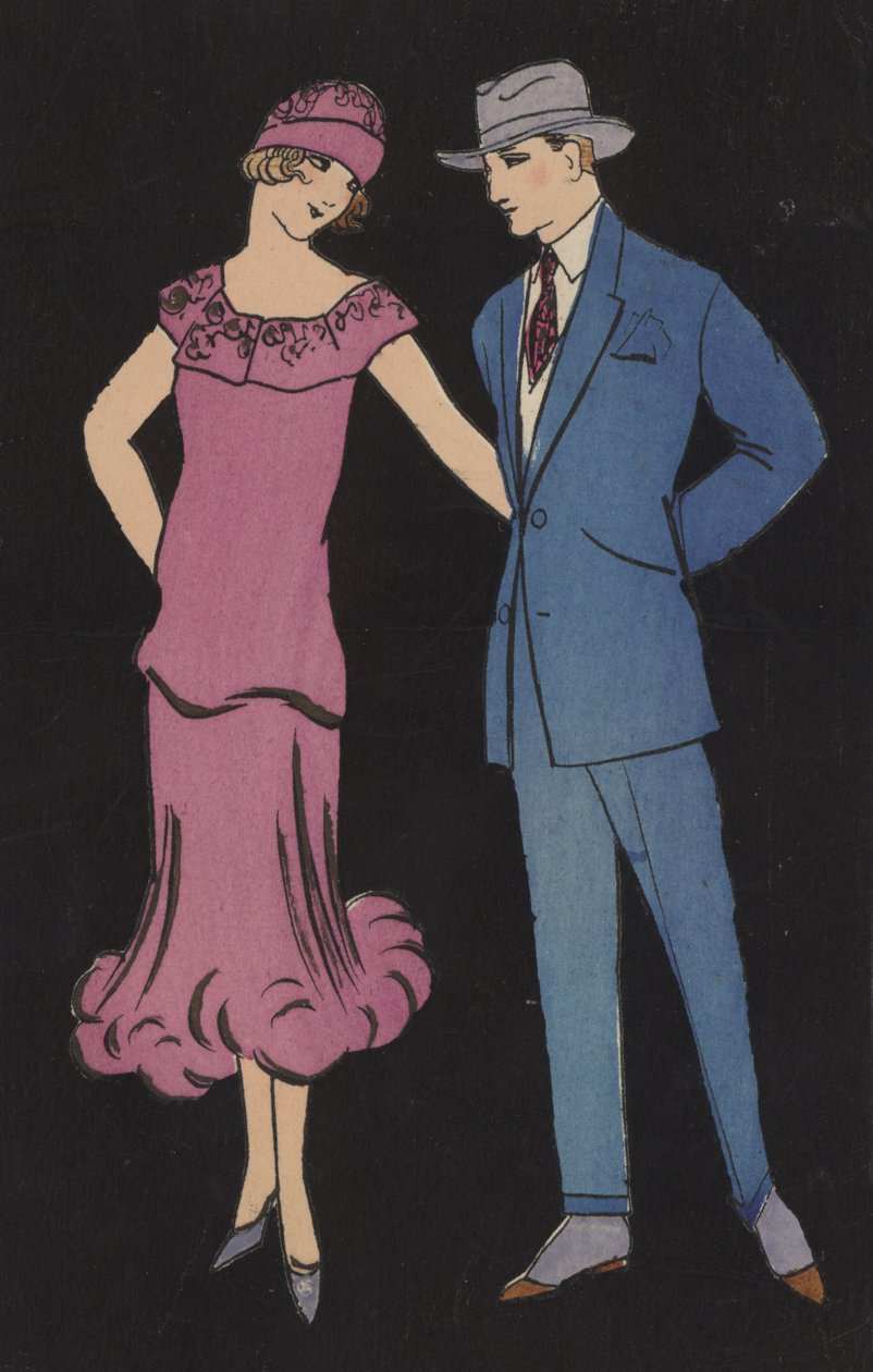 Couple en robe de soirée (lithographie couleur) - European School