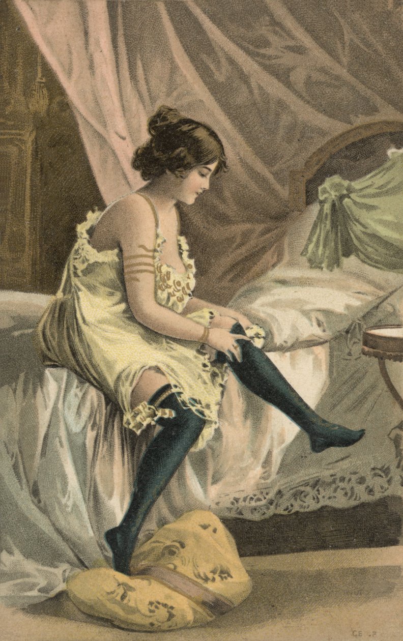 Jeune fille enfilant des bas (lithographie couleur) - European School
