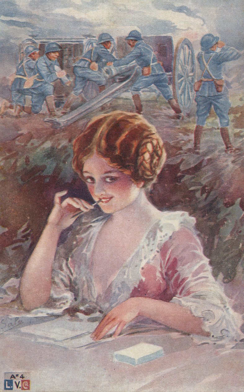 Fille écrivant à un soldat (lithographie couleur) - European School