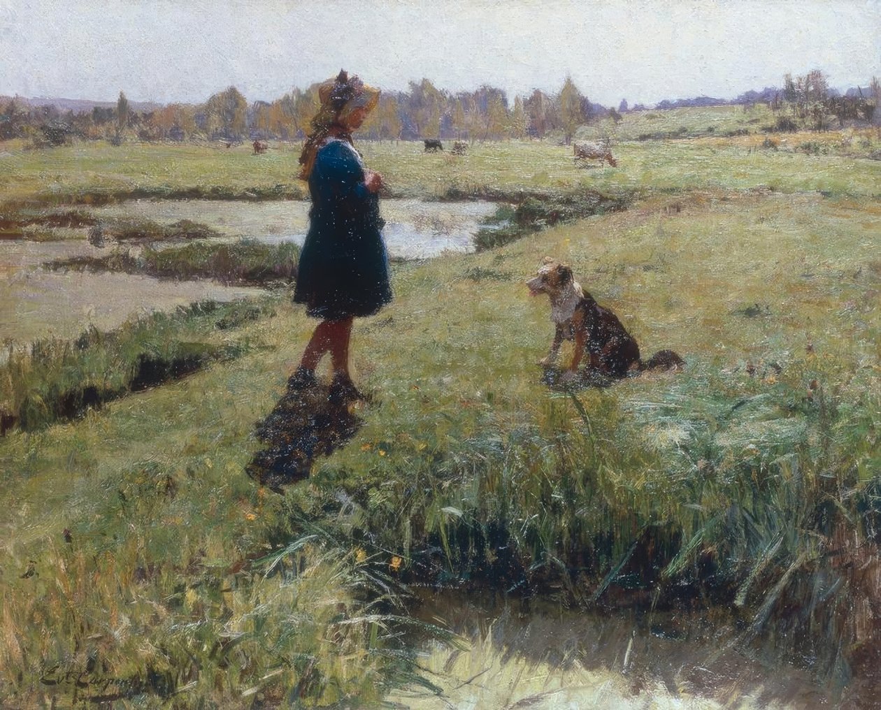 Jeune fille et son chien dans la prairie - Evariste Carpentier