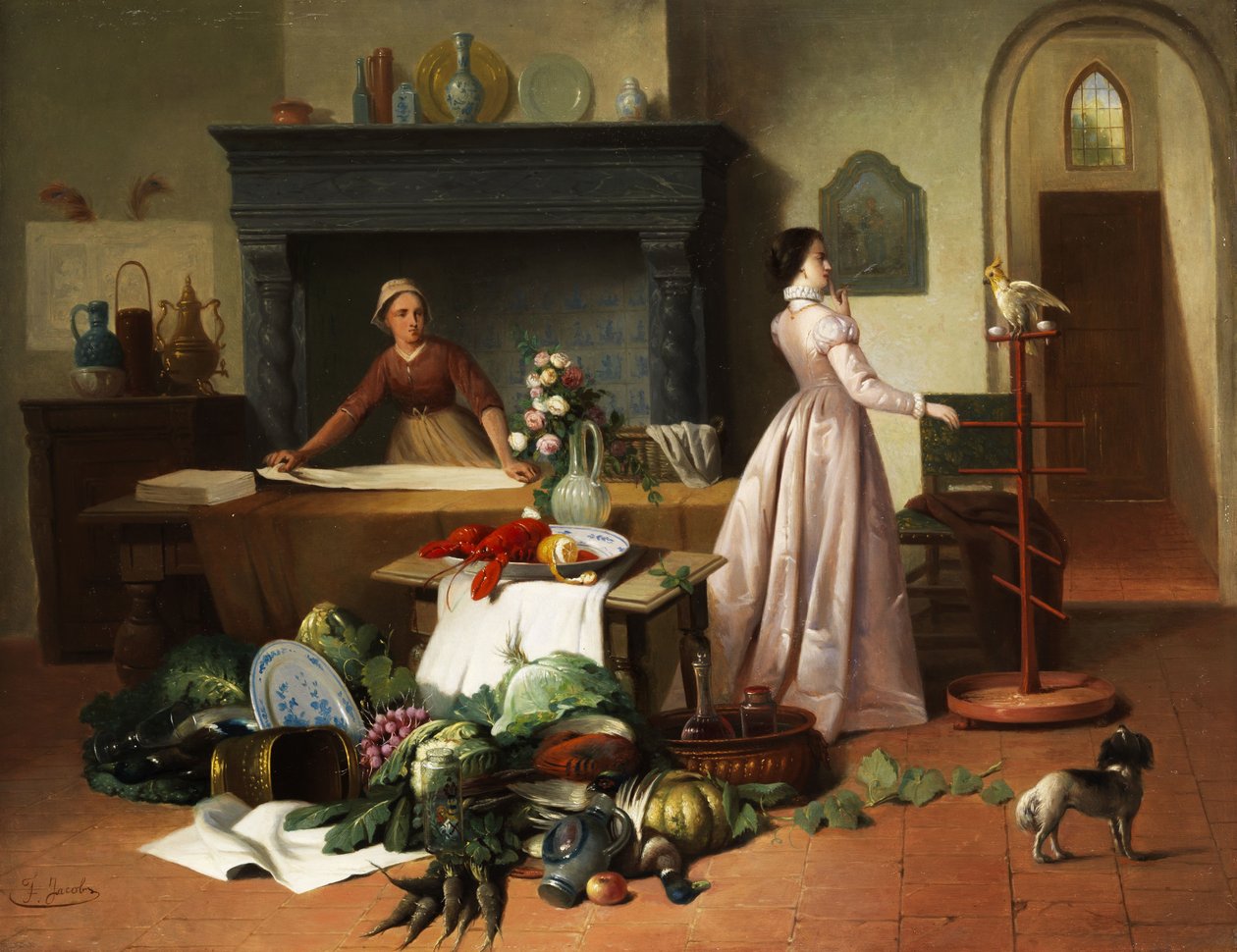 Dame élégante avec un cacatoès dans un intérieur avec une nature morte - F. Jacobs