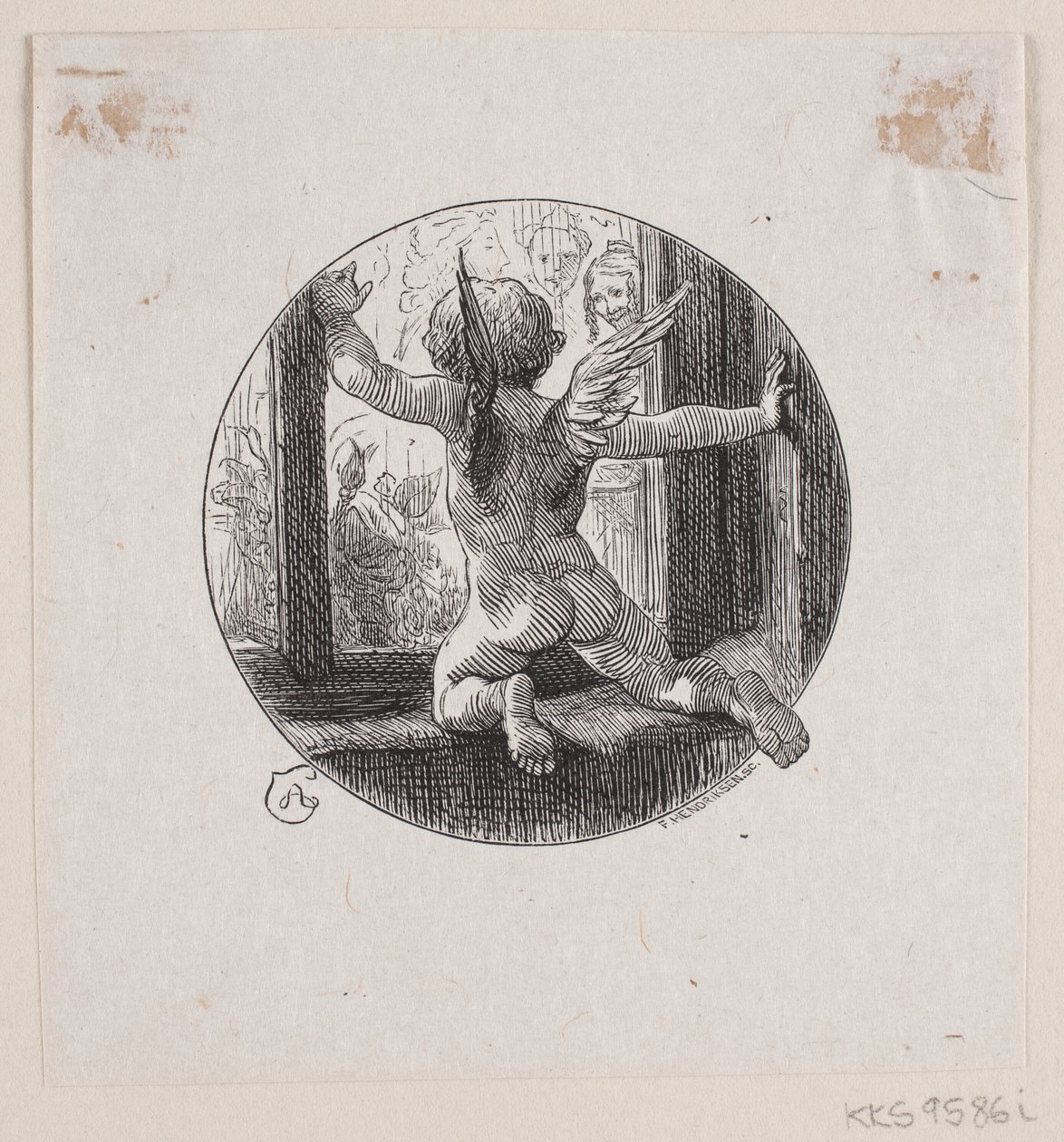 Vignette circulaire avec ange volant - F. Hendriksen