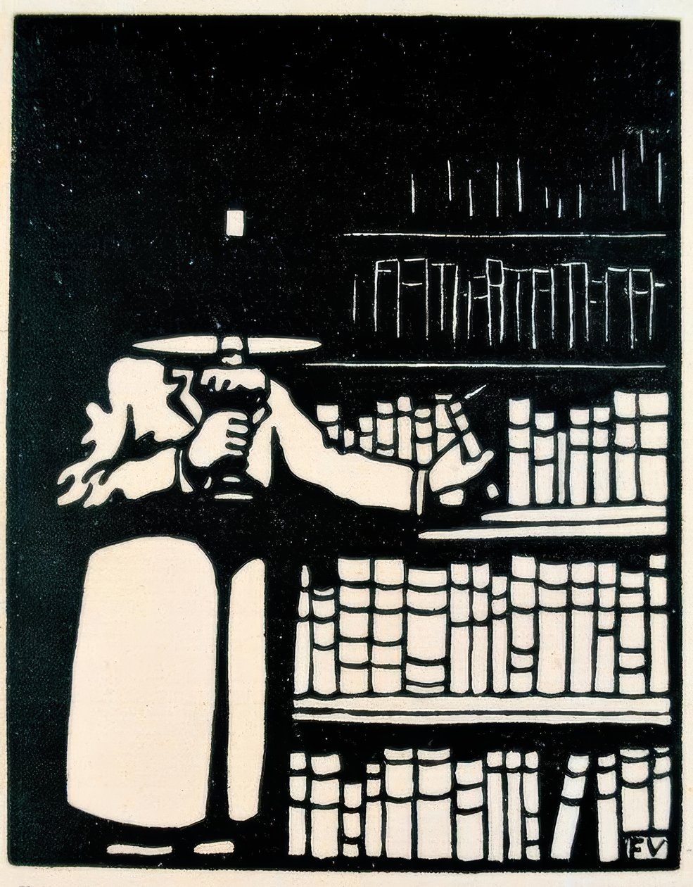 Bibliophile avec lampe dans sa bibliothèque - Felix Edouard Vallotton