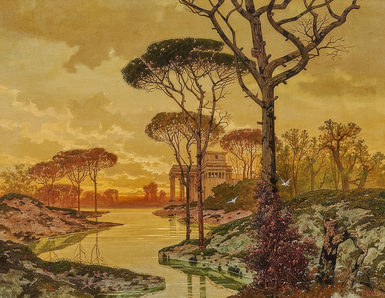 Paysage fluvial du soir avec villa à l