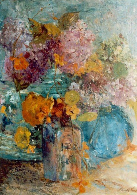 Hortensia et capucine dans un vase en verre - Floris Verster
