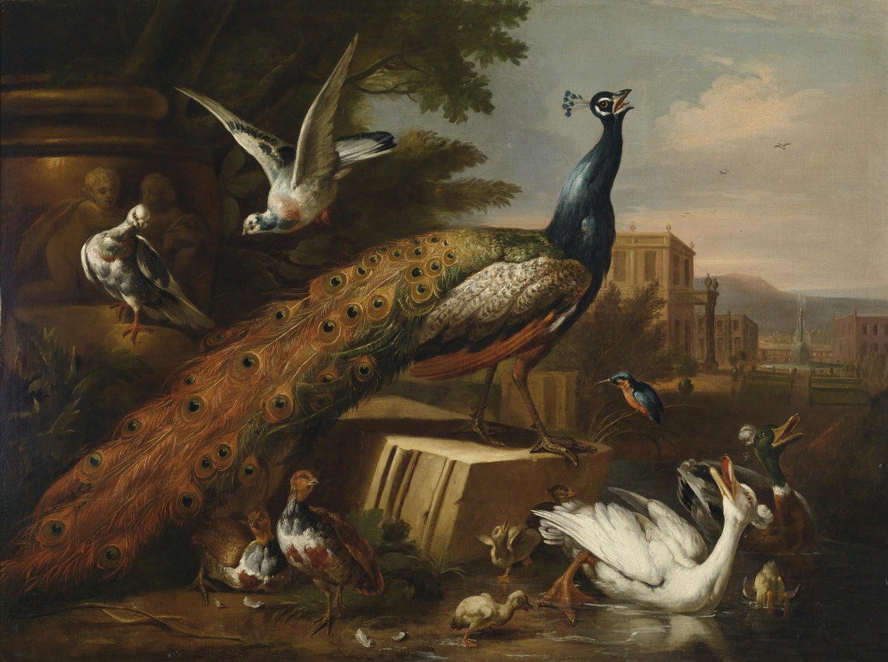 Un paon entouré de pigeons, poules et oiseaux aquatiques dans un parc de château - Follower of Pieter Casteels III