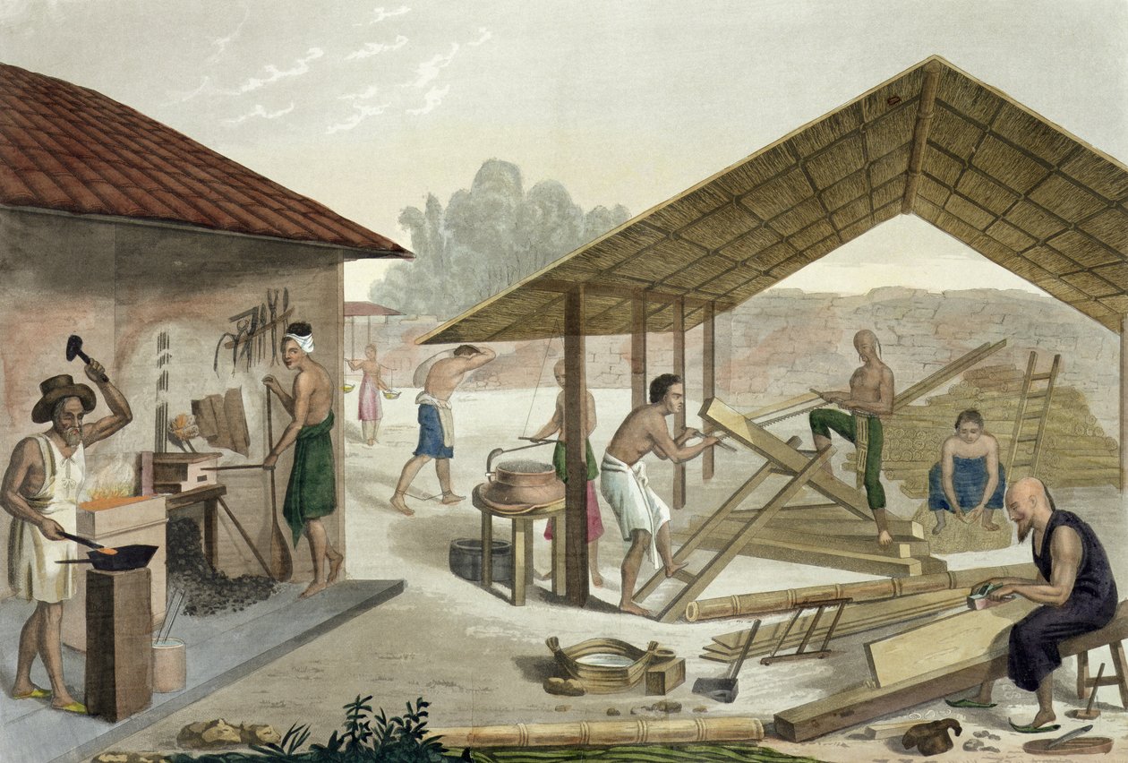 Atelier de menuiserie à Kupang, Timor, planche 6 de Le Costume Ancien et Moderne par Jules Ferrario, publié vers 1820-30 - Francesco Citterio