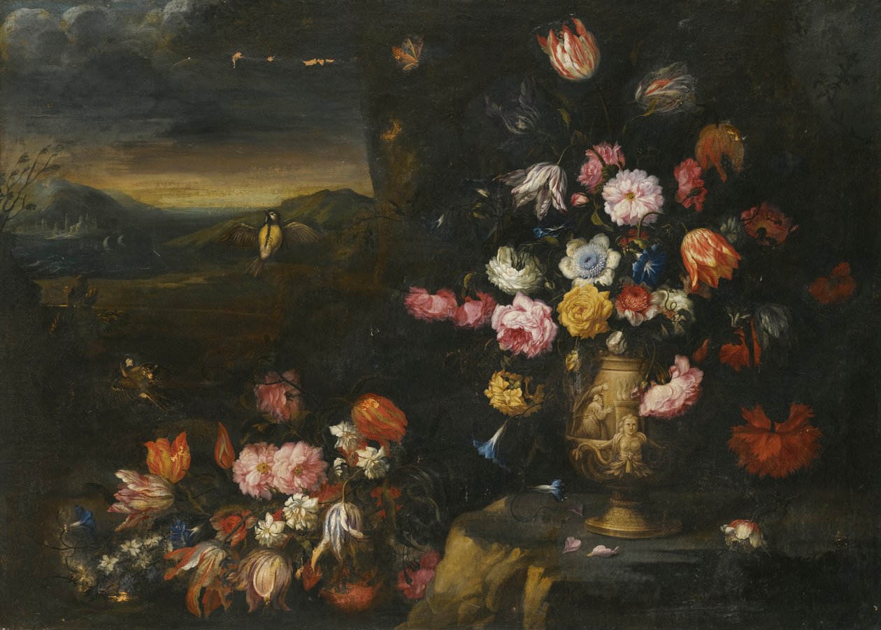 Nature morte avec vase de fleurs dans un cadre paysager côtier - Francesco Mantovano