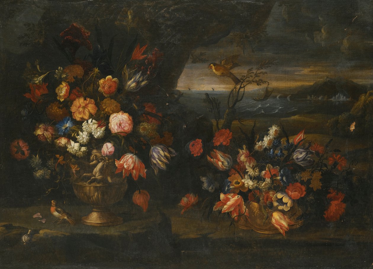 Nature morte avec vase de fleurs dans un cadre paysager côtier - Francesco Mantovano