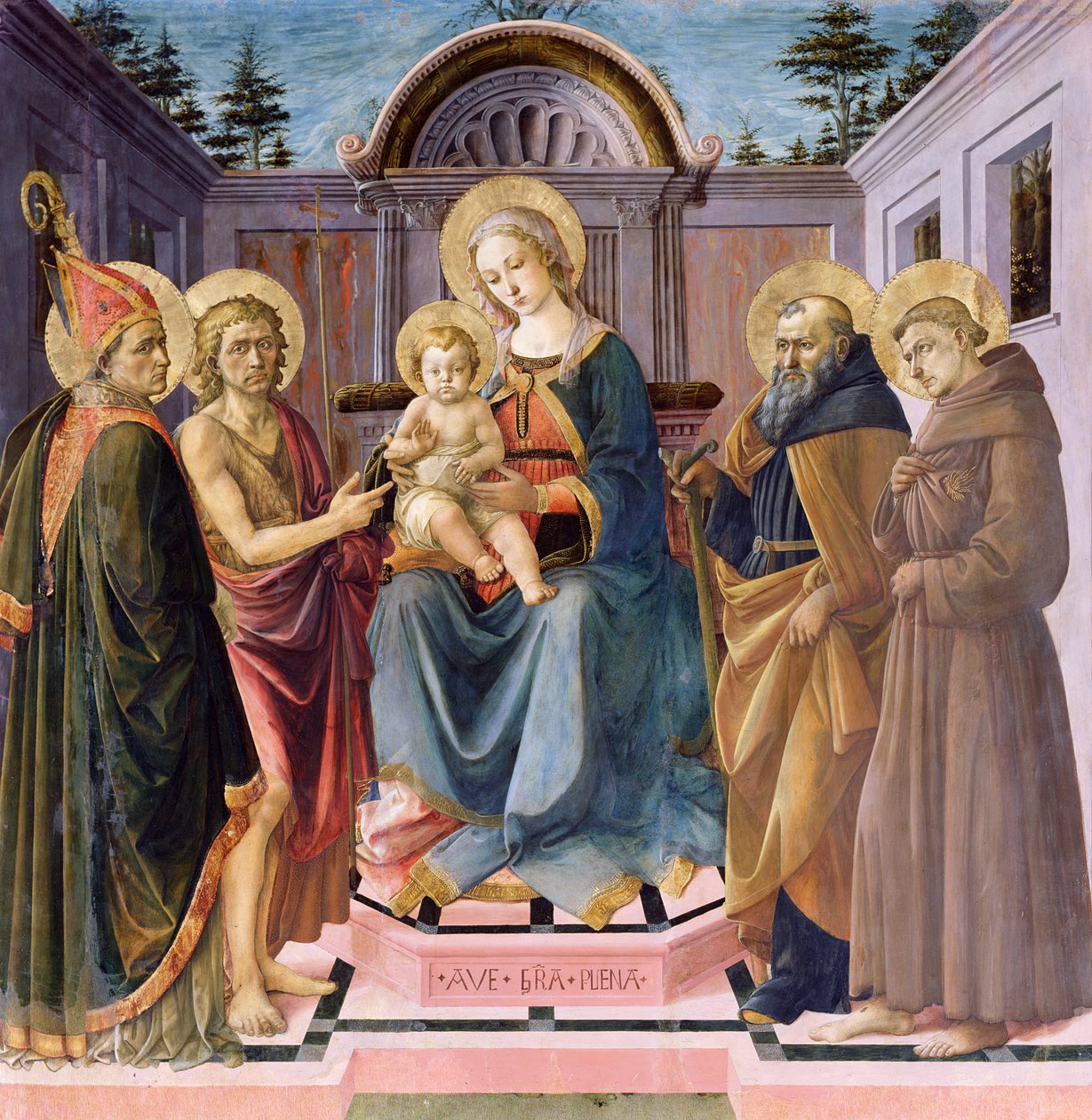 Madone et Enfant en majesté avec (de gauche à droite) SS. Zenobius, Jean-Baptiste, Antoine Abbé et François - Francesco di Stefano Pesellino