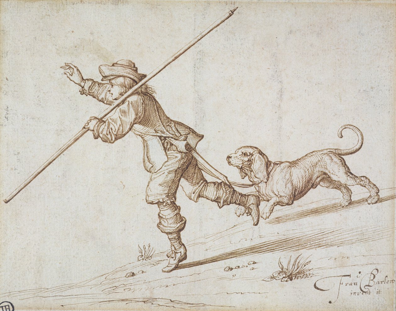 Homme chassant avec un bâton pointu et un chien (plume et encre brune sur papier) - Francis Barlow