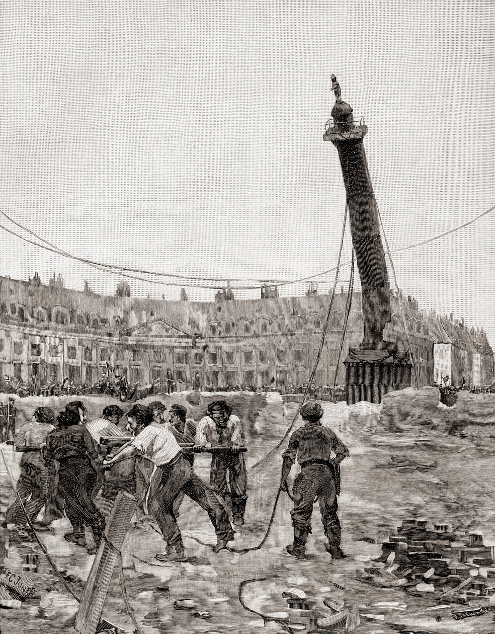 Démolition de la colonne Vendôme pendant la Commune de Paris, Paris, France en 1871, tiré de The Century Illustrated Monthly Magazine, publié en 1884 - Francis Coates Jones