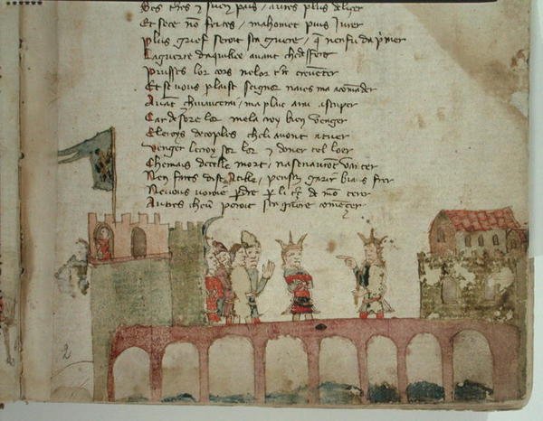 Ms Est 27 W 8.17 f.2r Une réunion sur un pont, de La Guerre d