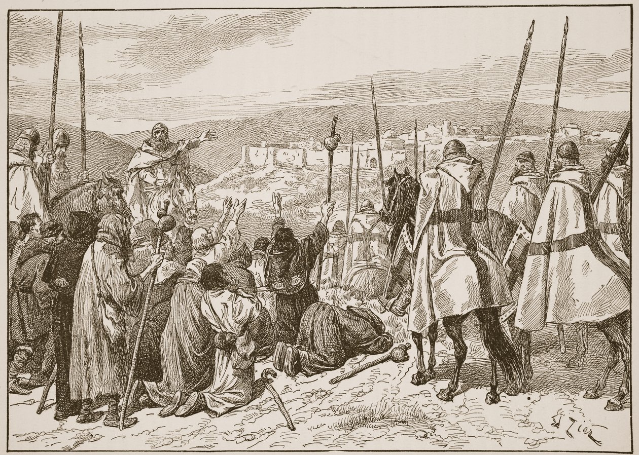 Pèlerins sous escorte des Templiers, en vue de Jérusalem, illustration de 