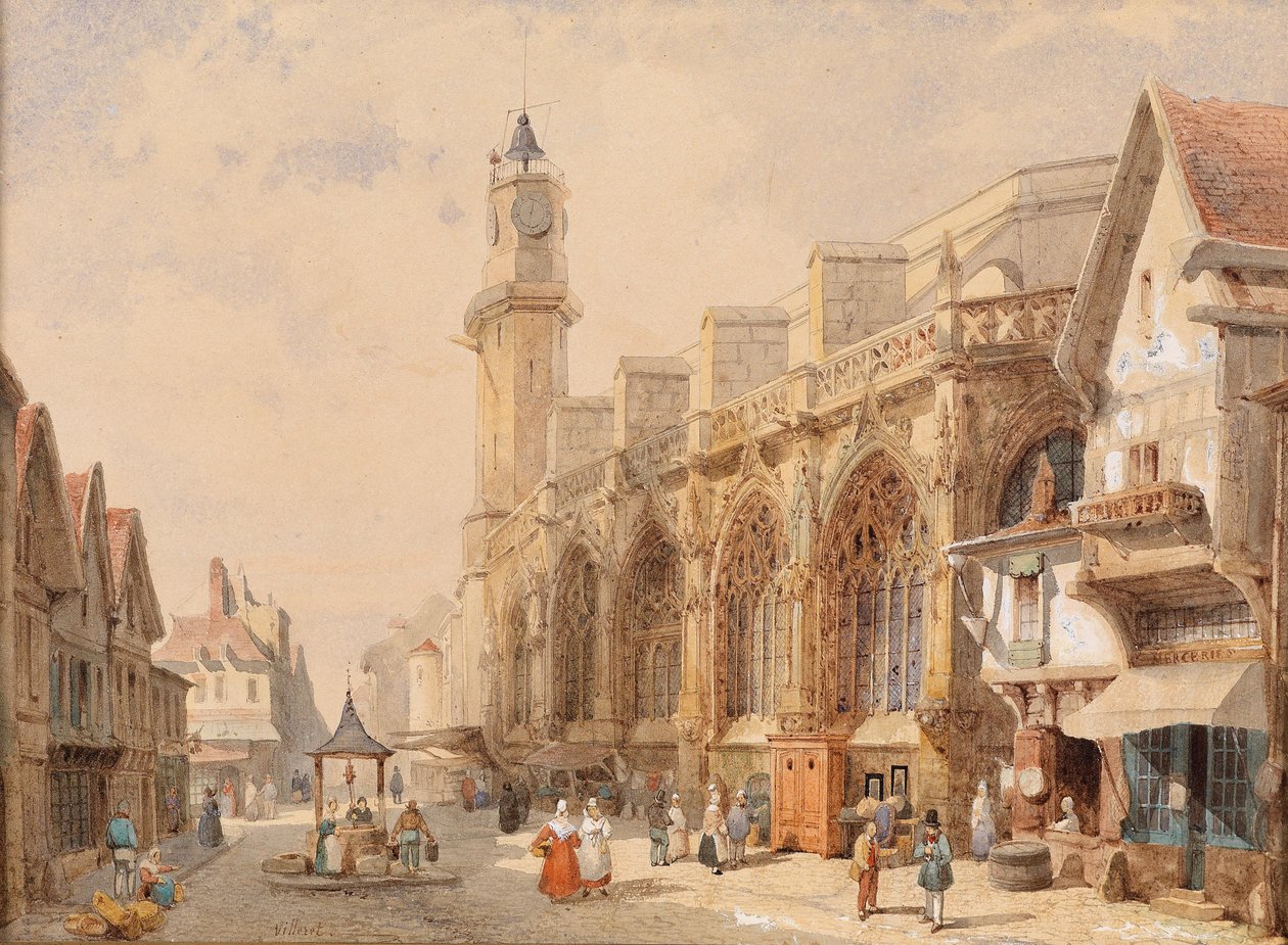Rue de village français avec une cathédrale - Francois Etienne Villeret