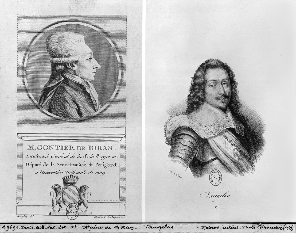 Portrait de Marie François Gontier de Biran dit Maine de Biran (1766-1824), Portrait de Claude Favre de Vaugelas (1585-1650) gravé par François Séraphin Delpech (1778-1825) et Massard (19e) - Adrien Pierre Francois Godefroy