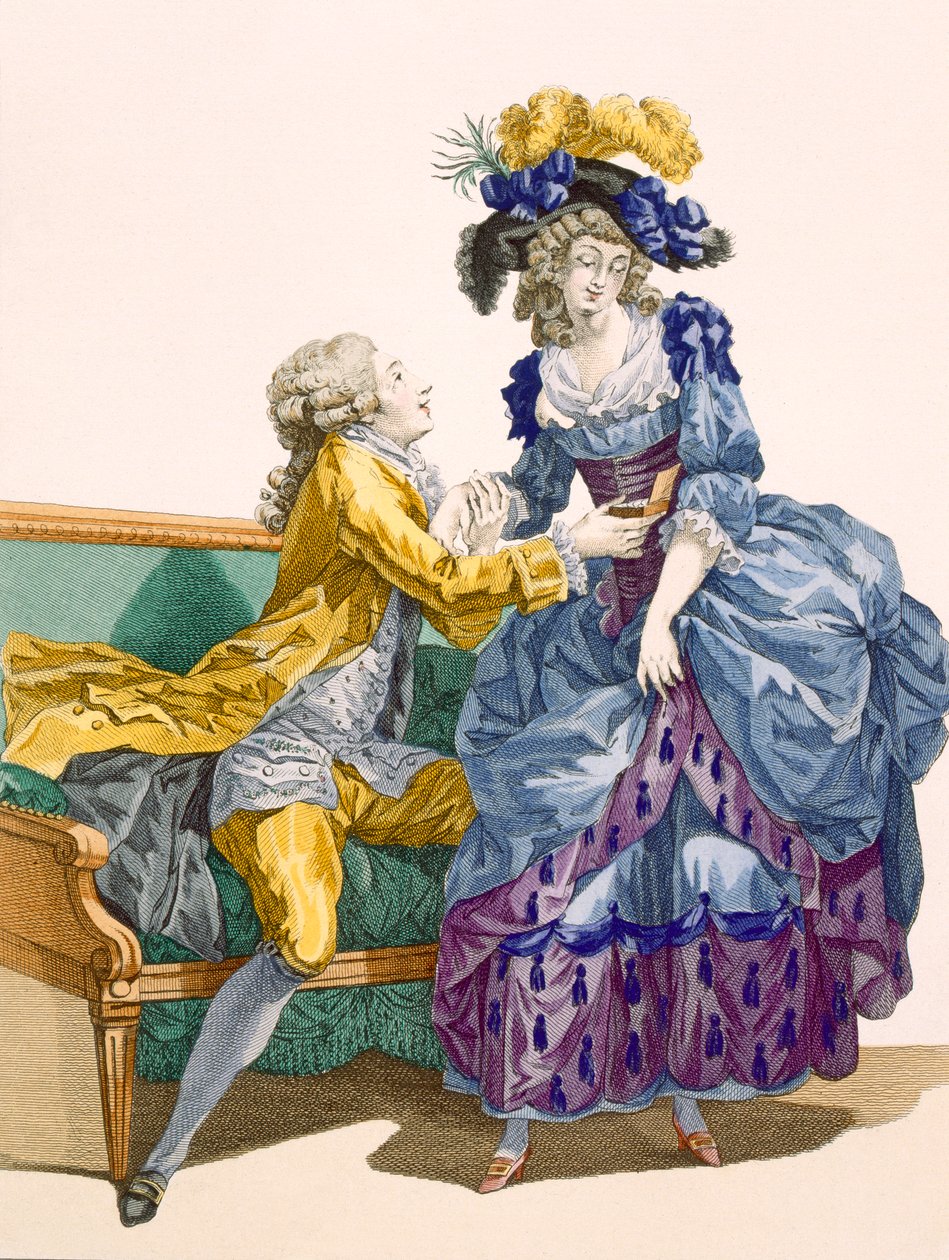 Jeune femme en robe bleu électrique et violette avec son jeune prétendant, gravé par Dupin, planche n°206 de 