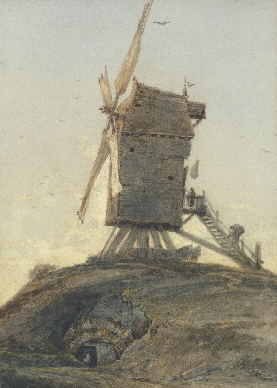 Moulin à vent sur une colline dans un paysage - Francois Louis Thomas Francia