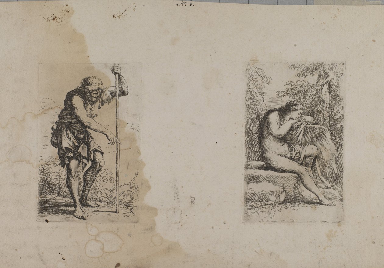 Homme debout, tenant un bâton - Femme assise... - François Morel