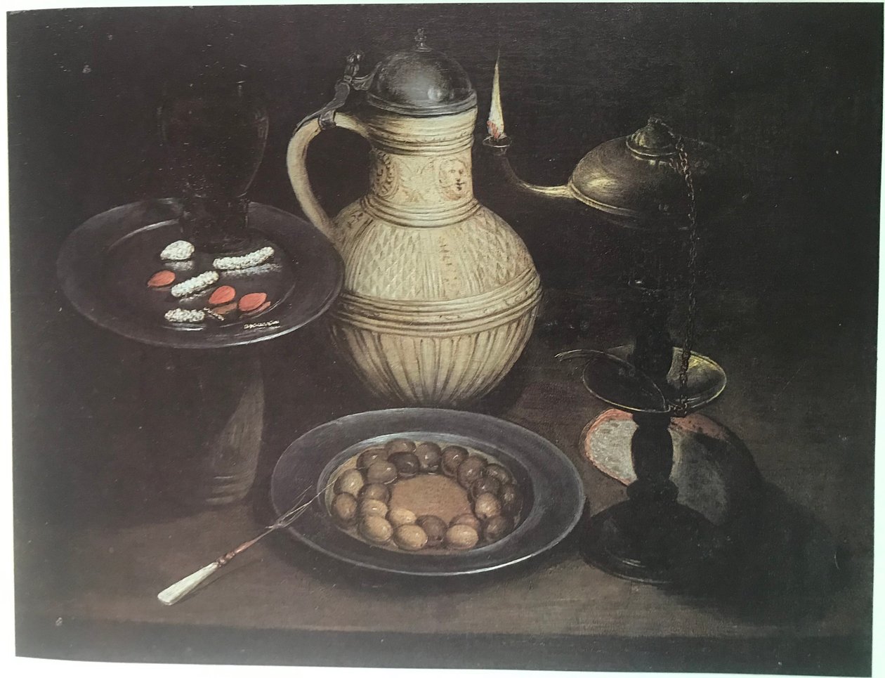 Nature morte avec cruche barbu, lampe, olives et sucreries - Frans Badens