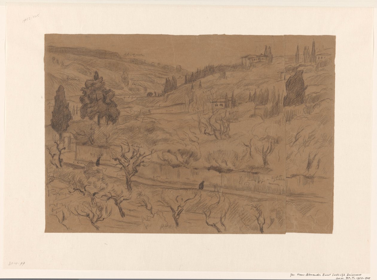 Paysage de collines italiennes avec maisons et arbres - Frans Alexander Evert Lodewijk Smissaert