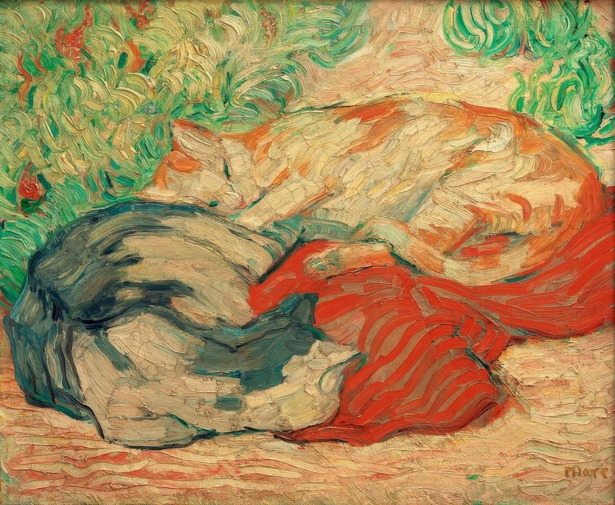 Chats sur un tissu rouge - Franz Marc
