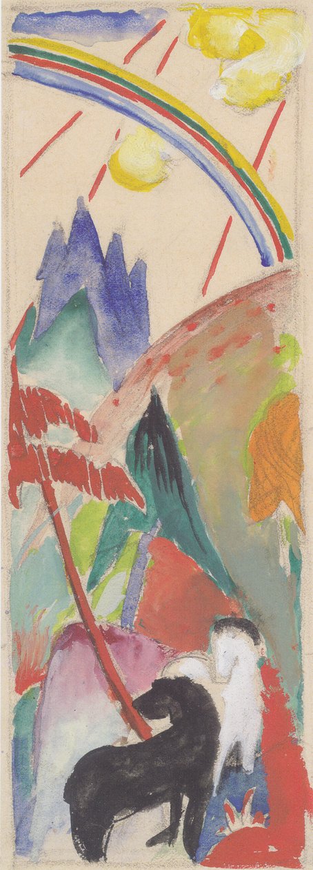 Cheval noir et blanc dans un paysage de montagne avec arc-en-ciel - Franz Marc