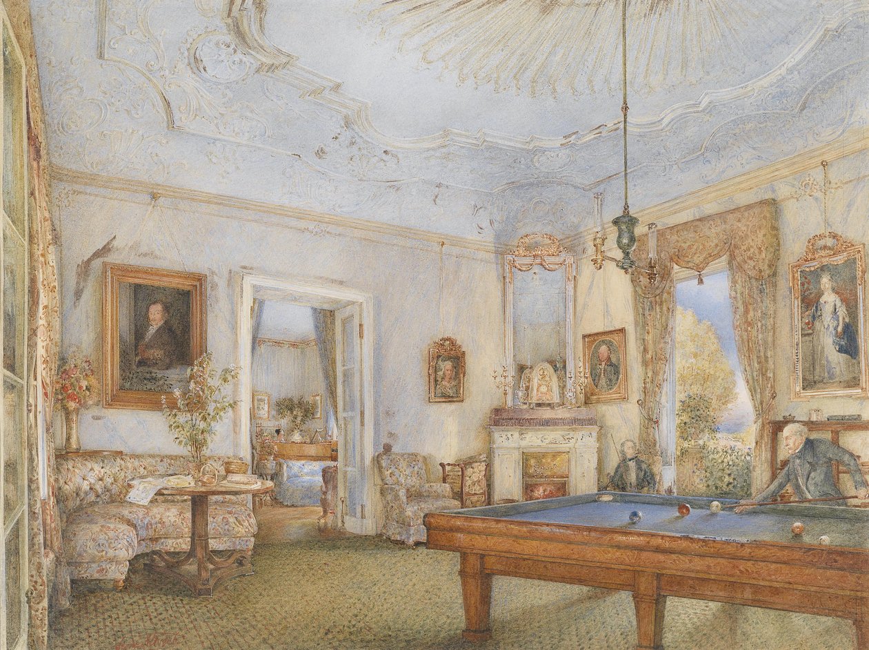 Intérieur Biedermeier avec un homme jouant au billard - Franz Alt