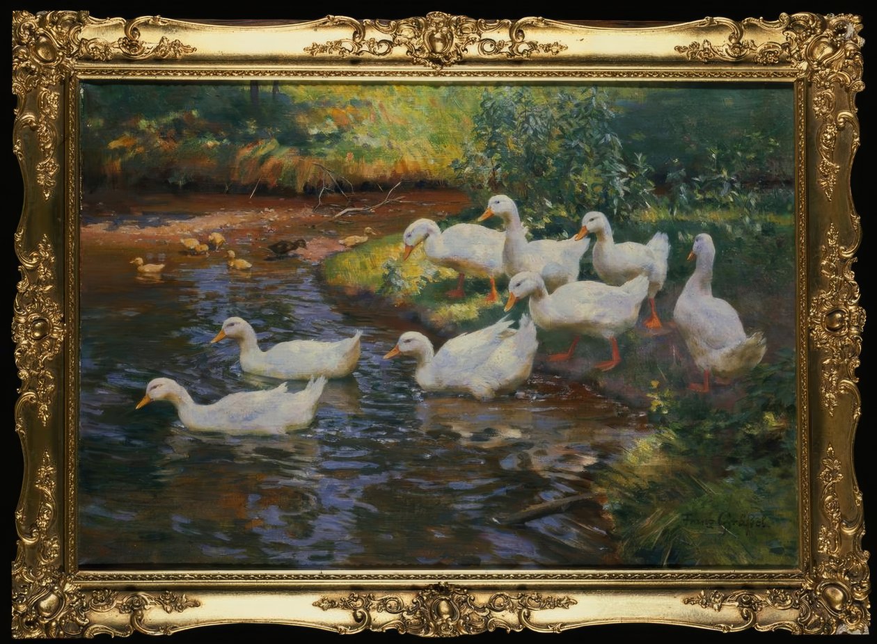 Famille de canards (Canards avec canetons au bord du ruisseau) - Franz Grassel
