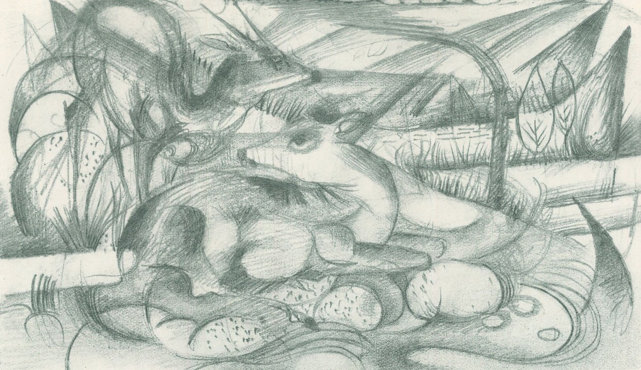 Cerf et biche dans un paysage primitif - Franz Marc