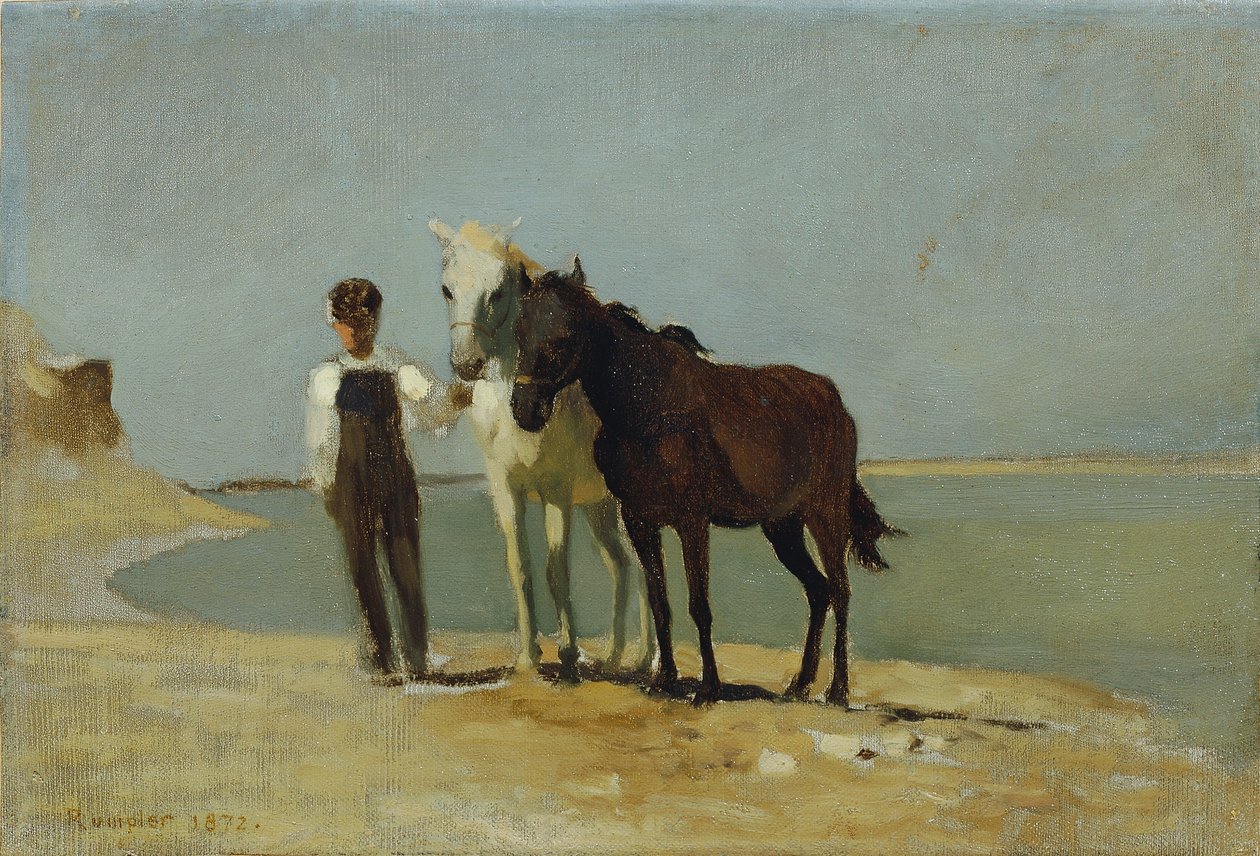 Un garçon avec des chevaux sur la plage - Franz Rumpler