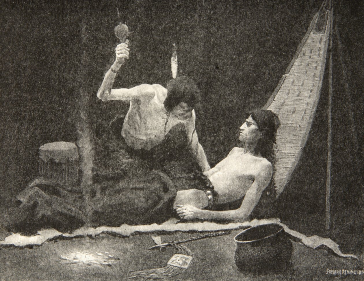 Je peux te rendre fort, mon frère, je peux te guérir, Hiawatha!, extrait de The Song of Hiawatha de Henry Wadsworth Longfellow, pub. par George G. Harrap et Company Ltd., 1911 - Frederic Remington