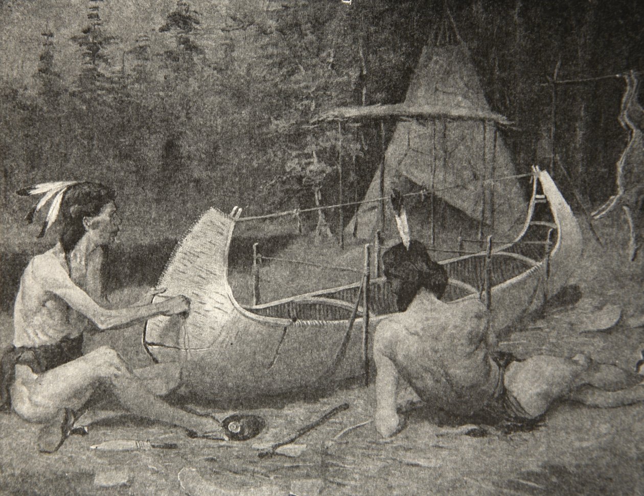 Ainsi le canoë de bouleau fut construit... Dans le sein de la forêt, extrait de The Song of Hiawatha par Henry Wadsworth Longfellow, publié par George G. Harrap et Company Ltd., 1911 - Frederic Remington