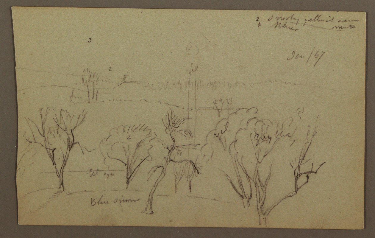Dessin, collines, arbres, soleil bas, 1867 - Frederic Edwin Church