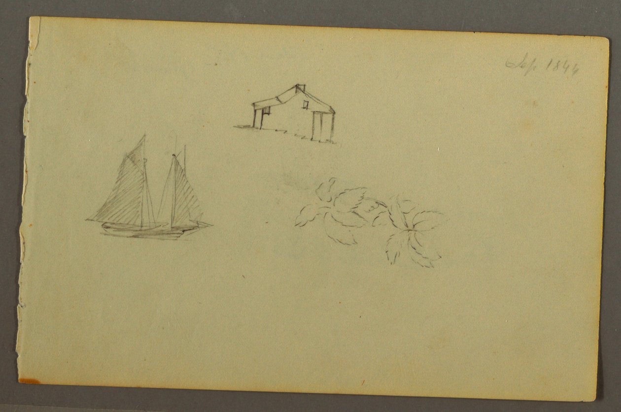 Dessin, maison, voilier, plante, septembre 1844 - Frederic Edwin Church