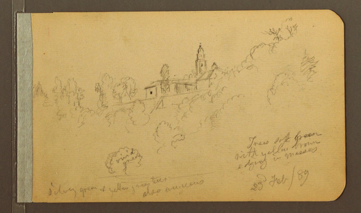 Dessin, maisons, clocher, 23 février 1889 - Frederic Edwin Church