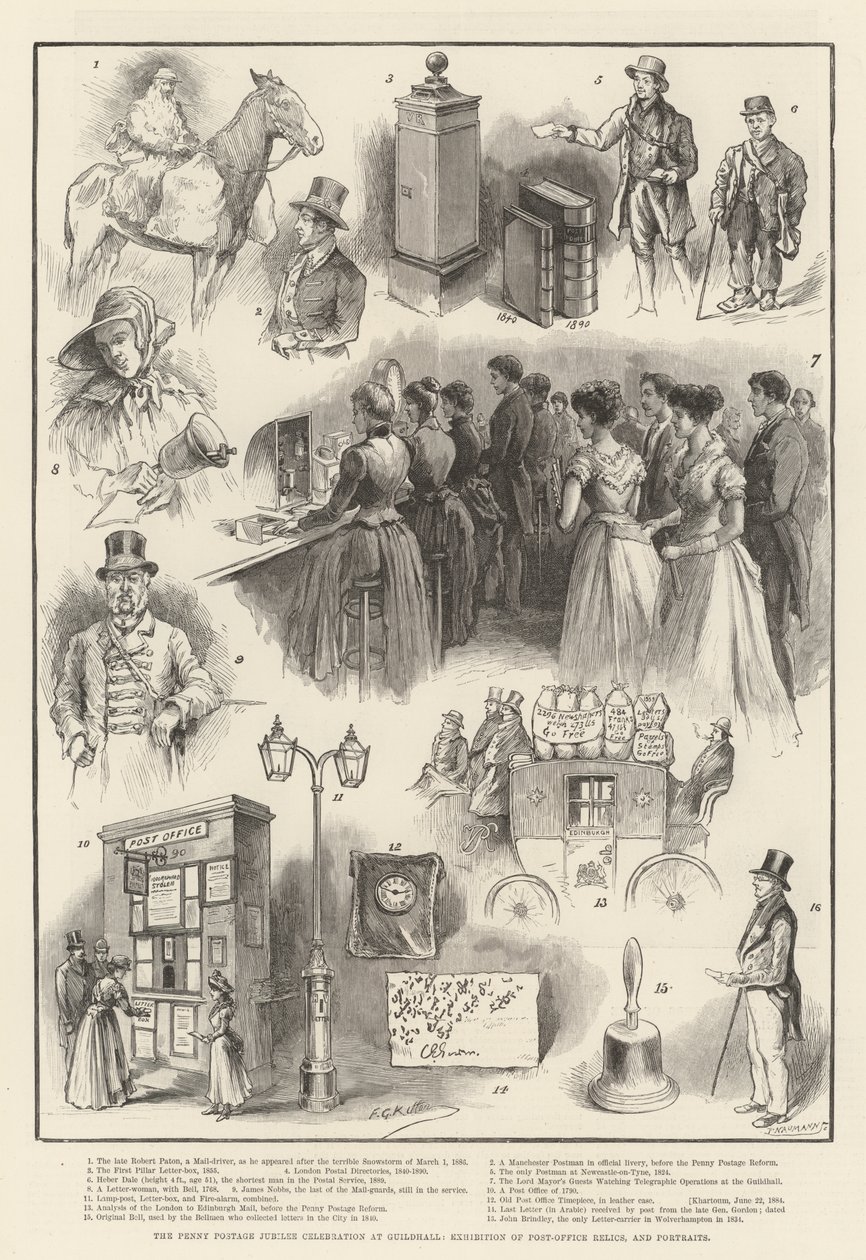 Célébration du jubilé de la poste à un sou à Guildhall, exposition de reliques de la poste et portraits - Frederick George Kitton