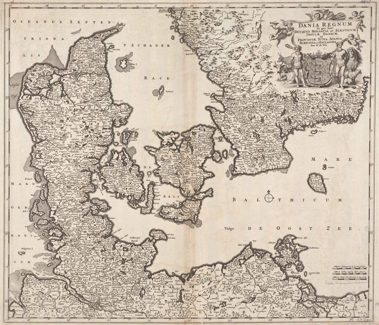 Dania regnum in quo sunt Ducatus Holsatia et Slesvicum Insulae Danicae et Provinciae Iutia, Scania, Blekingia et Hallandia - Frederick de Wit
