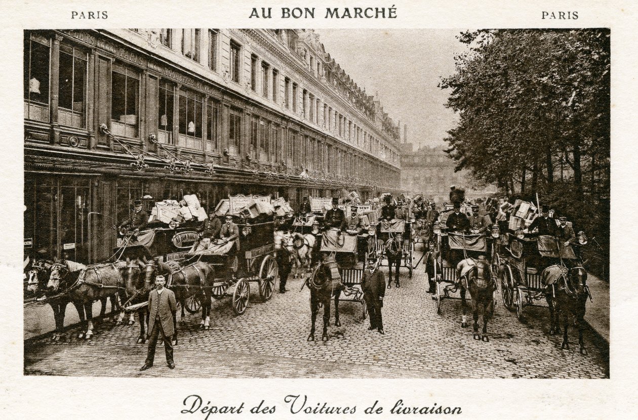 Départ des fourgons de livraison des Grands Magasins du Bon Marché, Paris, vers 1890 - French Photographer