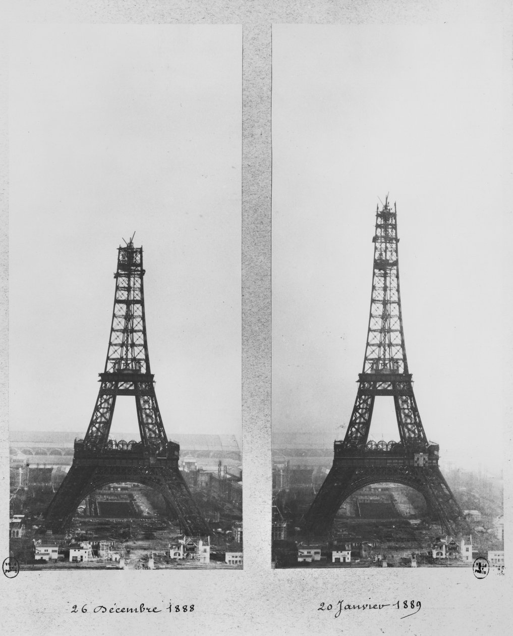 Deux vues de la construction de la Tour Eiffel, Paris, 26 décembre 1888 et 20 janvier 1889 - French Photographer